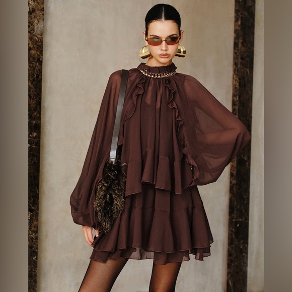 Commense Dresses & Skirts - ❤️ Two Piece Elegant Brown Tiered Ruffled Chiffon Mini Dress Set with Liner